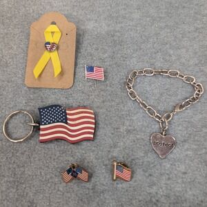 Patriotic Lot: American Flag Keychain Bracelet Pins Lot 4th of July Memorial Day